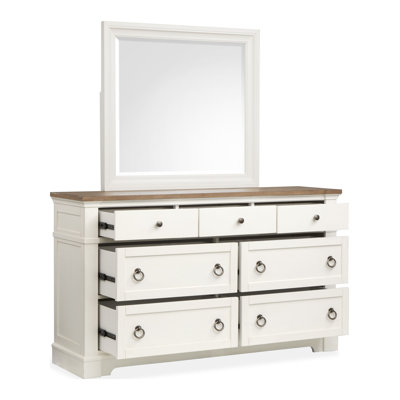 King Upholstered Panel Bed 2 Open Nightstands And Drawer Dresser With Landscape Mirror
