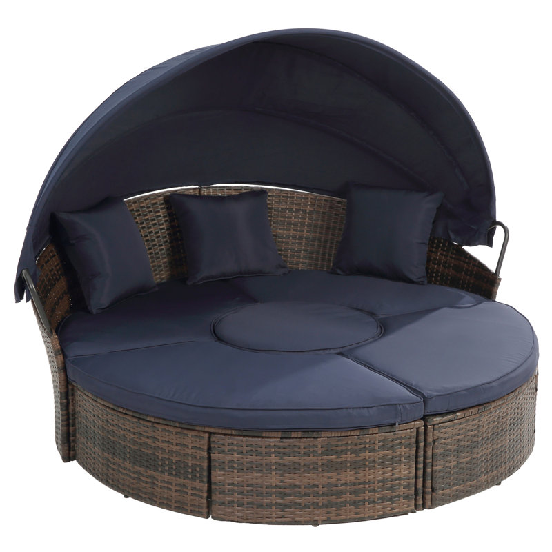 Patio Canopy Lounge With Navy Blue Cushions And Toss Pillows Black Bed Washable Removable Covers, Outdoor Furniture, Blue