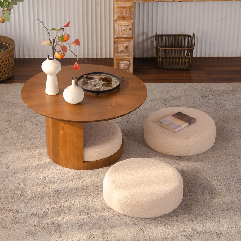 Table basse ronde de 31,5 po en bois avec 3 tabourets gigognes en tissu Teddy, ensemble de tables centrales multifonctionnelles avec rangement caché pour le salon