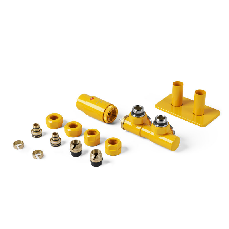 Radiator Valves Twins for 50mm Pipe Centres Complete with Pipe Masking Set, Right Sided, Mustard
