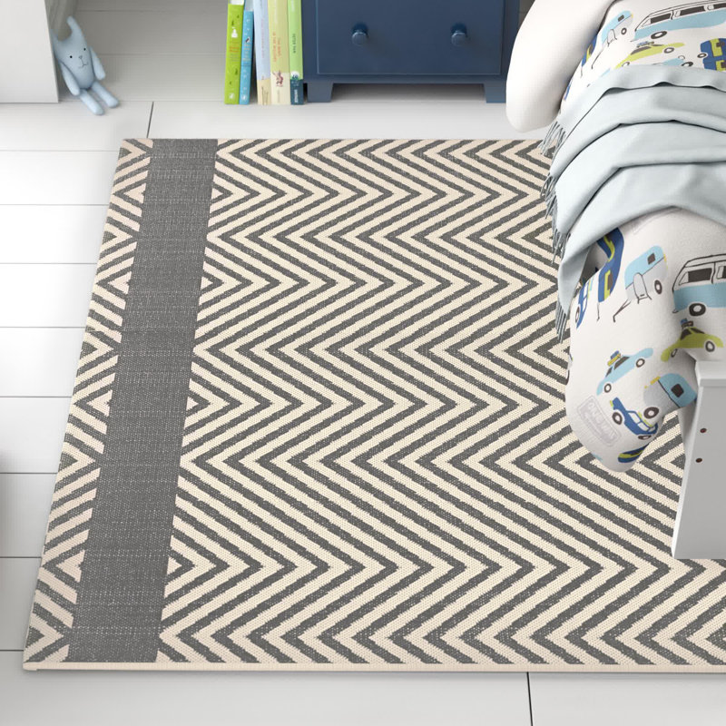 Optica Chevron With End Borders Indoor and Outdoor Area Rug, Rectangle 5' x 8', Gray/Beige