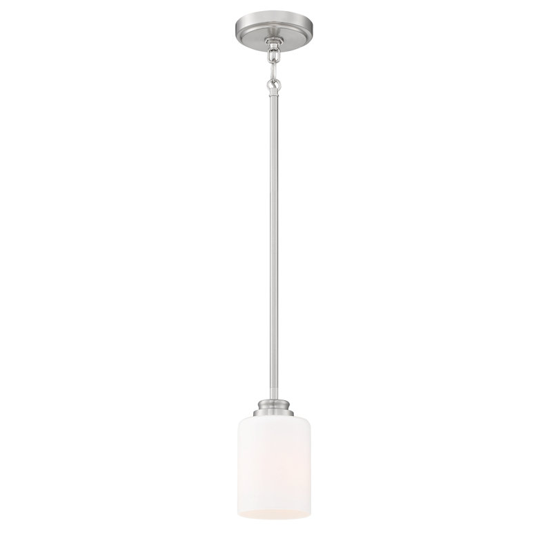 Luminaire suspendu cylindrique à 1 lumière , Nickel poli brossé, Blanc givré