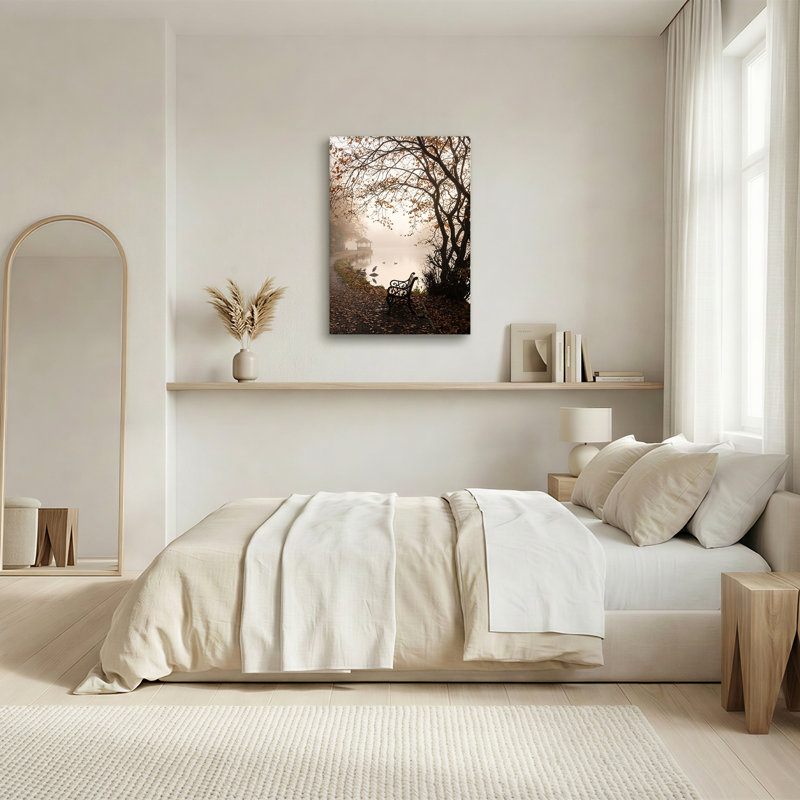Art mural sur toile "Black Park Bench" par Misty Lake avec Autumn Trees and Gazebo, 24"H x 16"W