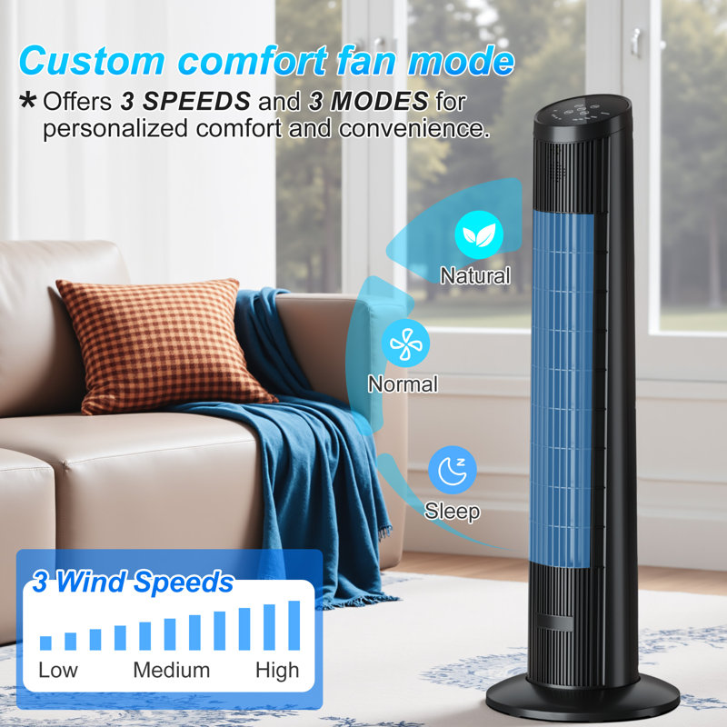 Ventilateur tour sans lame à commande vocale 60w Coocaa - Débit d'air 90 °, aussi silencieux que 10db, 3 vitesses, 3 modes, 15 heures de durabilité, conception sûre et anti-électrocution, noir