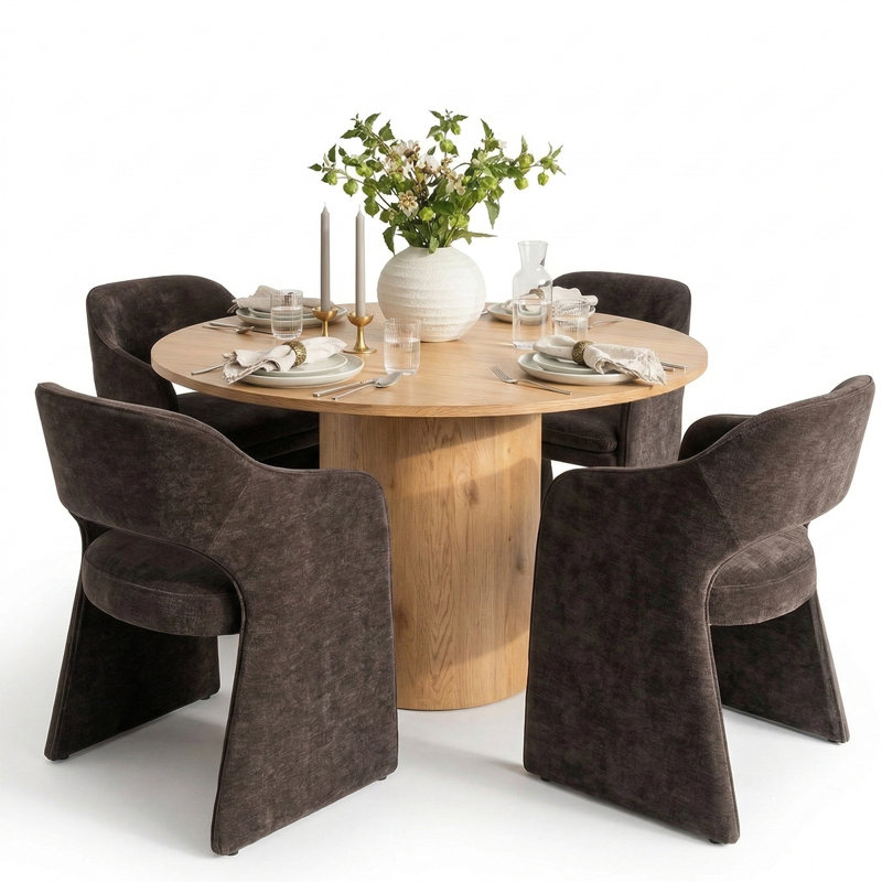 4 - Person Dining Table Sets With Round Table & 4 Upholstered Chenille Chairs, Brown, Yellow