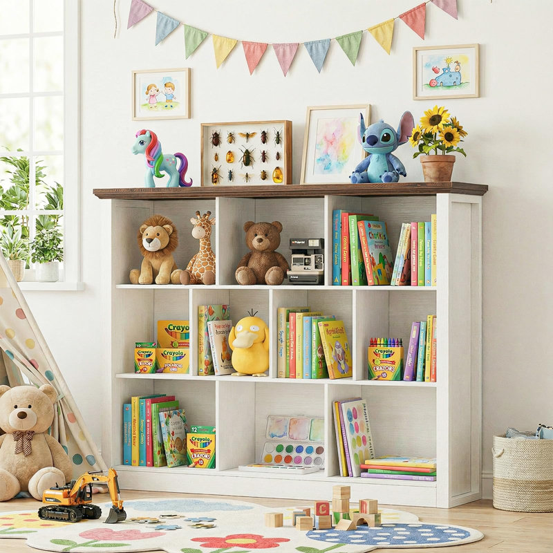 10 Cube Storage Organizer Book Shelf, Rustic Brown/White