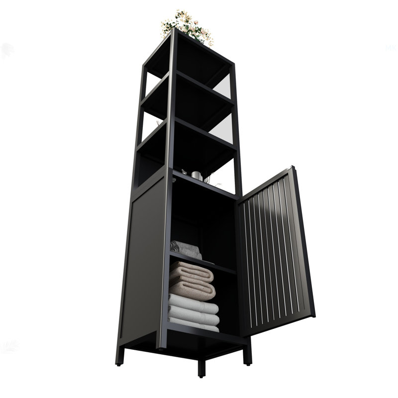 Grande armoire de rangement noire avec porte à volets et 3 niveaux, armoire tour autoportante en lin pour le salon, la cuisine, le rangement de salle de bain, bambou naturel