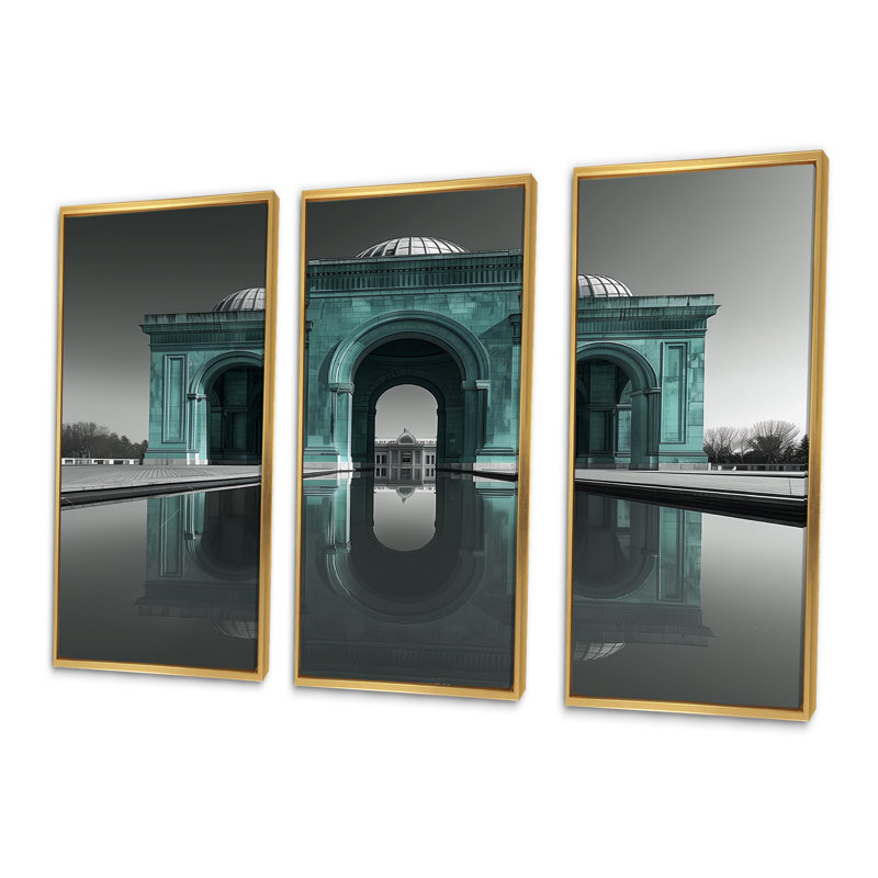 Ensemble de salon d'art mural vert Taj Mahal, Toile avec cadre flottant or, H 40 po x l 60 po x P 1 po