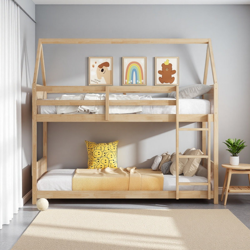 Twin Over Twin House Floor Bunk Bed With Headboards, Footboards And Guardrails, Ladder, Rubber Wood Bunk Bed With Safety Guardrails