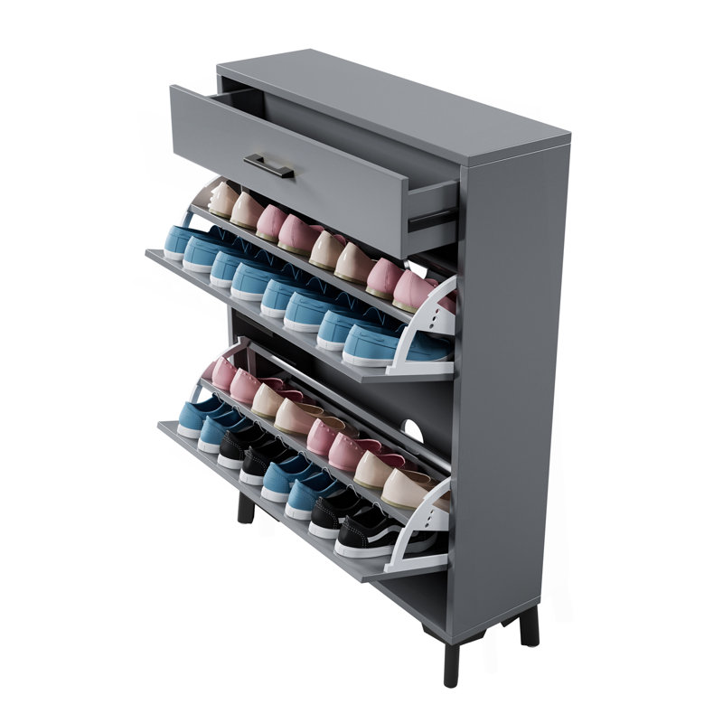 Shoe Storage Cabinet for Entryway, Free Standing Shoe Organizer with 2 Flip Drawers, Hidden Shoe Rack Storage Organizer for Doorway Hallway Closet, Gray