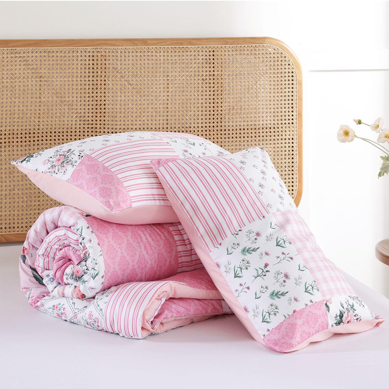 Ensemble d'édredon floral 3 pièces - édredon toutes saisons avec patchwork, Édredon double + 2 taies d'oreiller standard