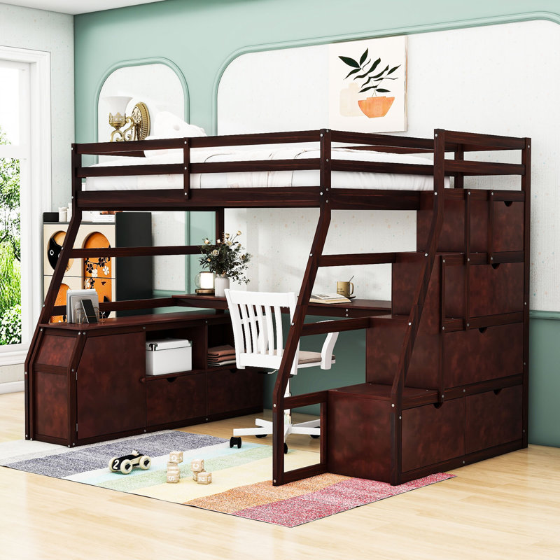 Ginnette 7 Drawer Loft Bed with Built-in-Desk by Harriet Bee, Espresso, Twin