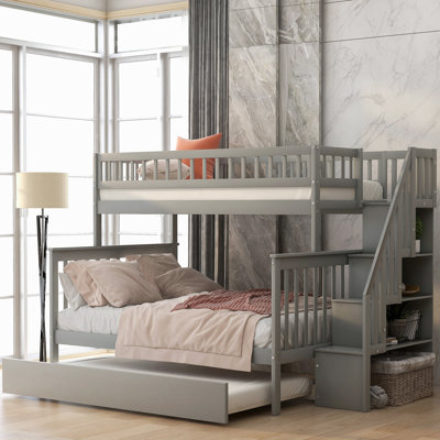 Twin Over Full Bunk Bed With Trundle And Staircase,Gray