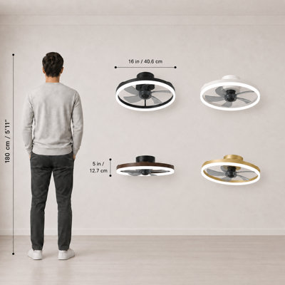 16" White Flush Mount Ceiling Fan with Light, Low Profile, App & Remote Control, 6-Speed Quiet DC Motor, Dimmable LED for Bedroom