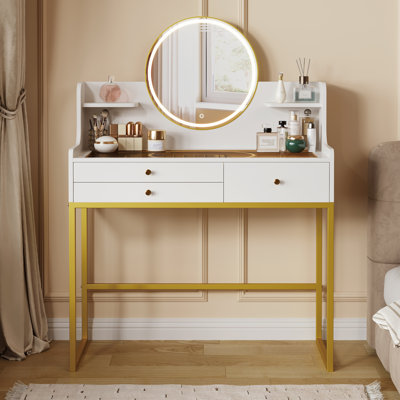35" White Makeup Vanity With LED Round Mirror And Outle