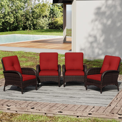 Chaises de patio d'extérieur en osier toutes saisons avec coussins rouges de 4 po (ensemble de 2)