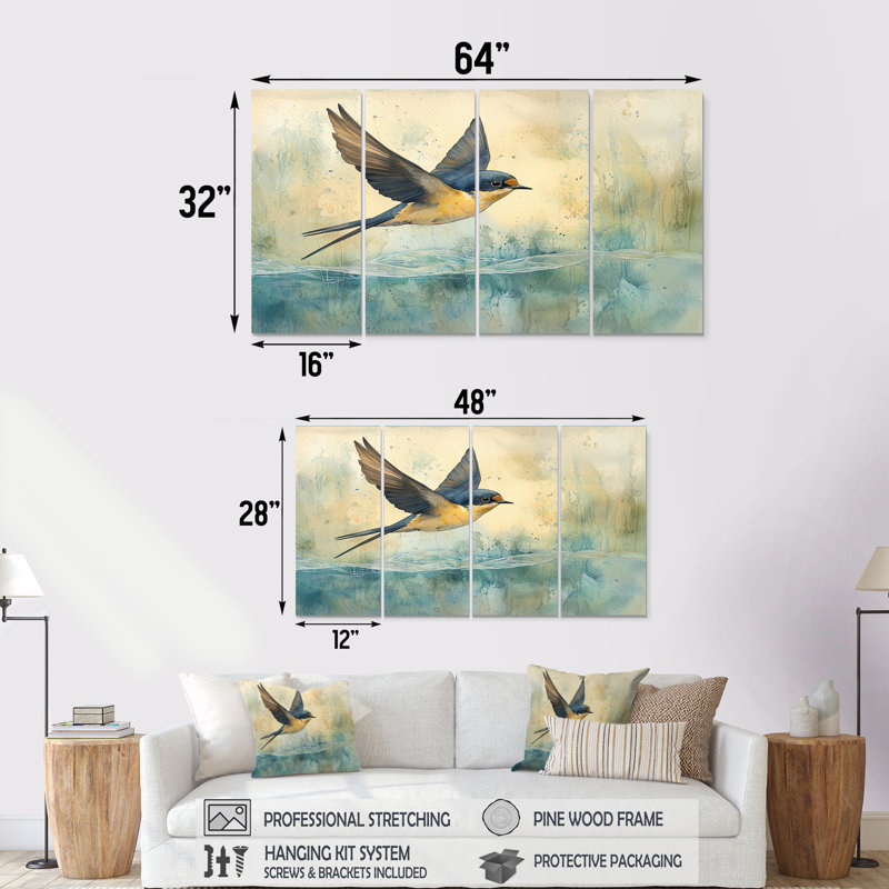 Oiseau hirondelle au-dessus de la rivière - Art mural oiseau - art mural moderne pour le salon, H 32 po x l 64 po