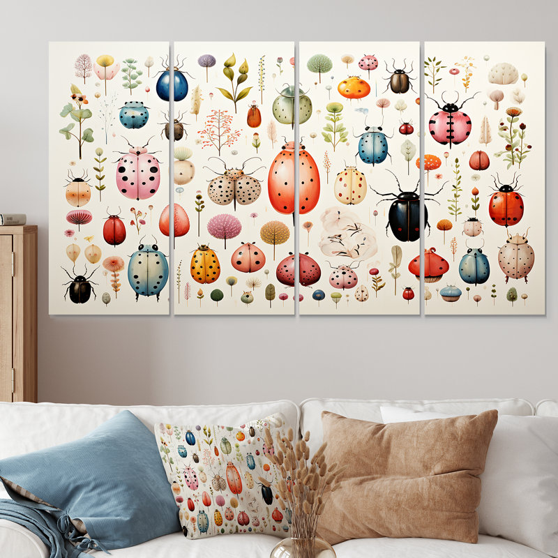«Colorful Beetle Meadow - Insectes et insectes», art mural 4 pièces, H 28 po x l 48 po