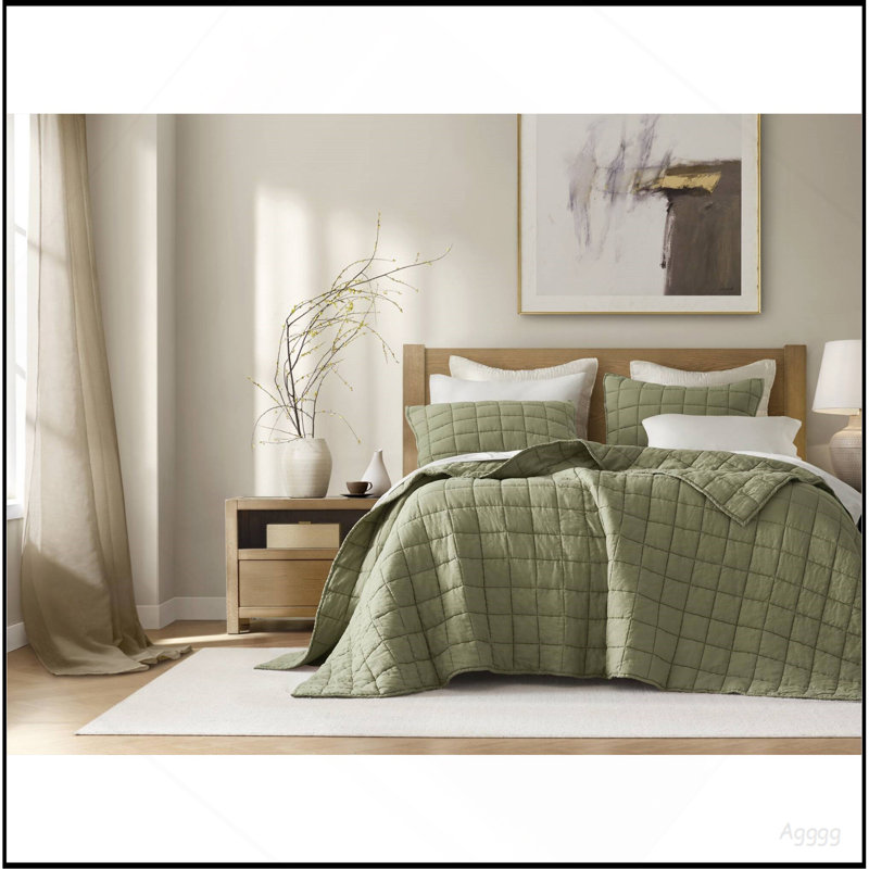 Linen Quilt Set, Olive Green
