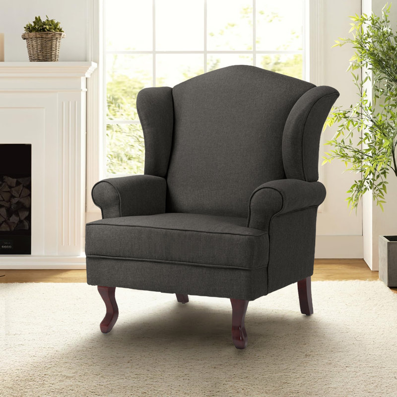 Duward Dark Gray Linen Upholstered Wingback Accent Chair with Rolled Arm and Solid Wood Leg, Dark Gray Linen