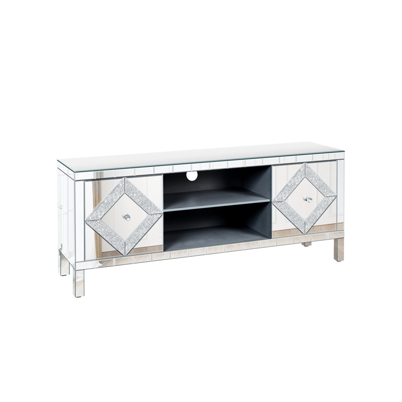 Meuble télé en miroir pour téléviseur de 65 pouces et plus, console à 2 armoires argentées, support d'accessoires de salon moderne, avec rangement ouvert et 2 armoires, décoration