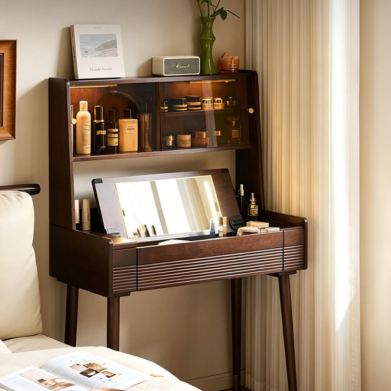 Coiffeuse 31,5 "en bois massif brun simple avec miroir relevable, 51.18" H x31.5" W x 15.75" D