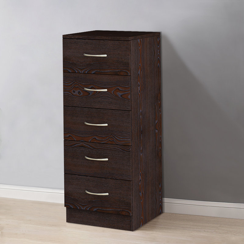Delonna Narrow Tall Chest of 5 Drawers Bedside Bedroom Hallway Storage Cabinet Furniture, Walnut