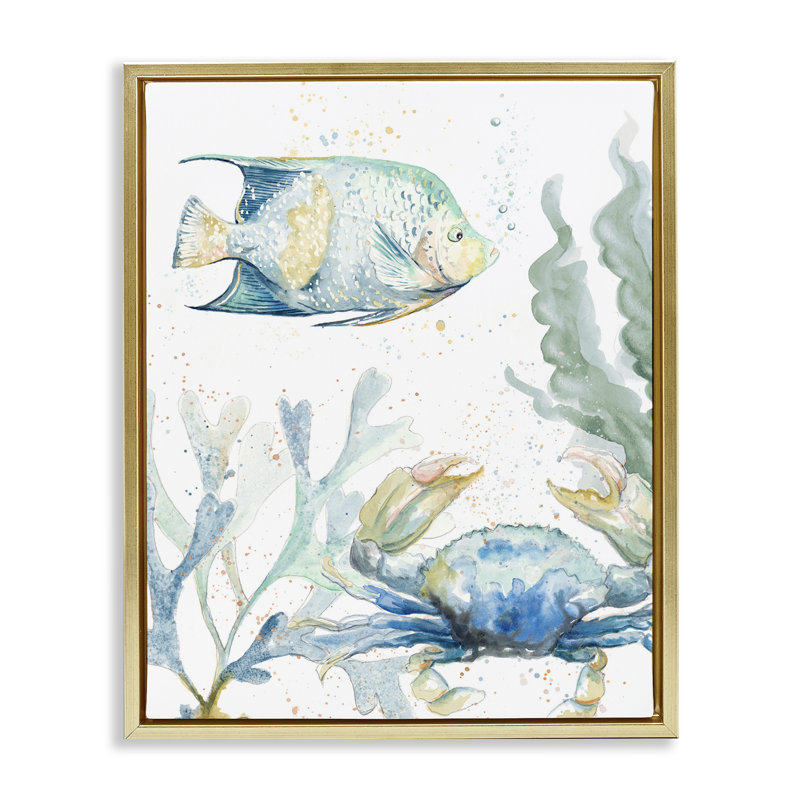 «Crab & Fish Scene», art mural encadré par Patricia Pinto, Cadre flottant métallique doré, H 31 po x l 25 po