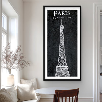 Eiffel Tower Sketch with Map | Black Framed Matted Print