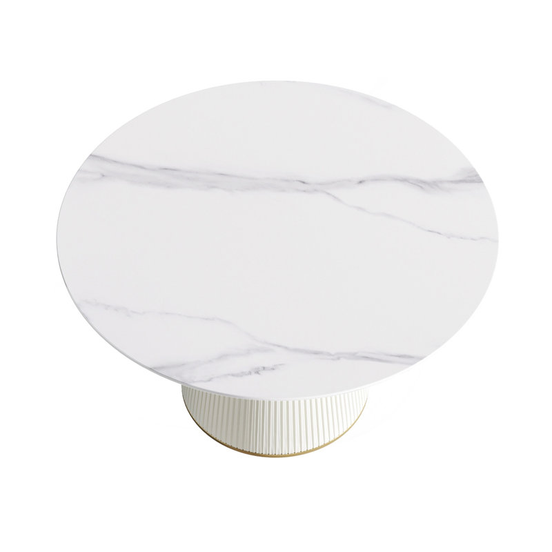 Table de salle à manger 53,15 po en pierre artificielle blanche ronde ronde avec base en contreplaqué beige et polyuréthane pouvant accueillir 6 personnes (sans les chaises)