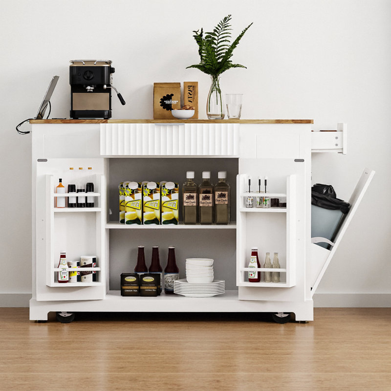 Fluted Kitchen Island with Hidden Trash Can Cabinet – Rolling Cart on 5 Wheels with Power Outlet, 3 Drawers, 3 Open Side Racks for 10 Gallon Garbage Bin, White & Natural Rubber Wood
