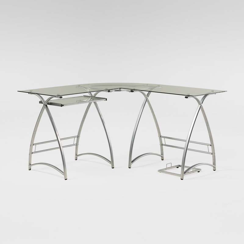 L-Shaped Glass Top Metal Base Computer Desk, Silver / Clear Glass