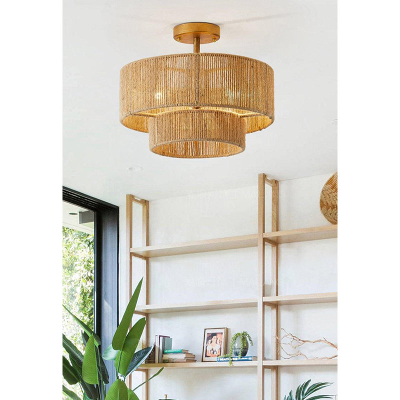 Lampe suspendue zen style japonais avec finition en bois et corde tissée, H 25,2 po x l 23,62 po x P 23,62 po