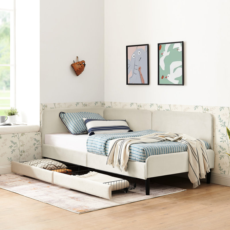 Structure de lit simple beige avec 2 tiroirs de rangement, lit en velours convertible, conception moderne, surface d'assise moelleuse, eucalyptus renforcé et rembourrage réglable pour la chambre à coucher, confortable