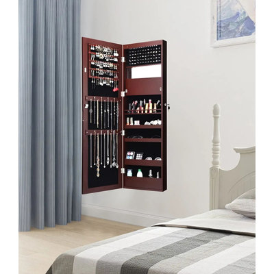 Wall/Door Mounted Mirror Jewelry Cabinet with LED Lights & Lock