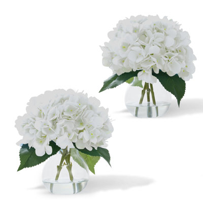 2 pièces d'hortensias artificielles dans un vase en verre avec de l'eau artificielle, de faux hortensias, de faux arrangements floraux pour le bureau personnel, une pièce maîtresse de table, une salle de bain, des décorations de tablettes, blanc