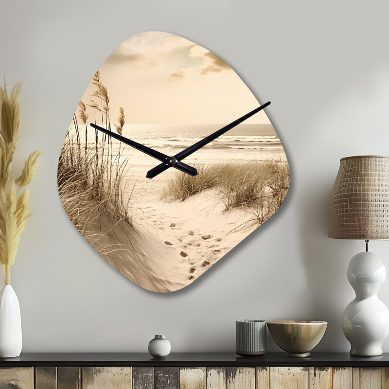 Beachside Whispers VI - Beach Asymmetrical Metal Clock, Beige Unique Shape Metal Clock Print, Large
