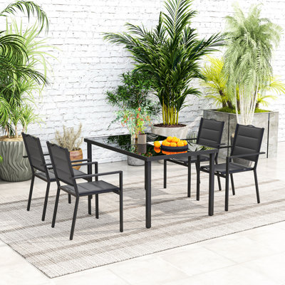 Ensemble repas d'extérieur 5 pièces avec 4 chaises empilables et plateau en verre trempé