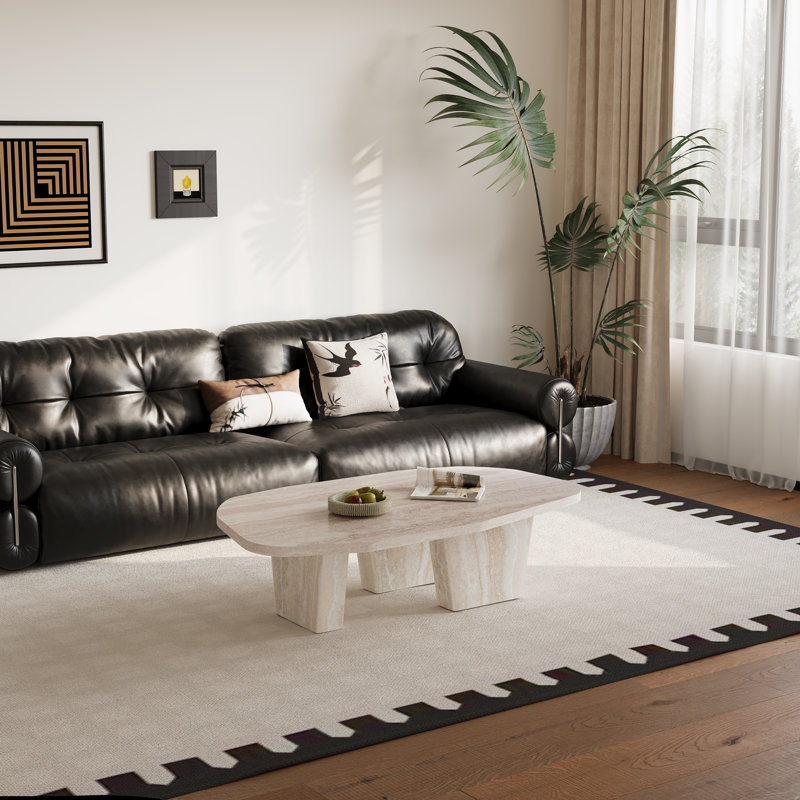 ​​Coffee Table Oval, Modern Travertine Finish Low-Loft Center Table With Sturdy Base, Minimalist Living Room Furniture, Neutral Tone Accent Table For Contemporary Space​