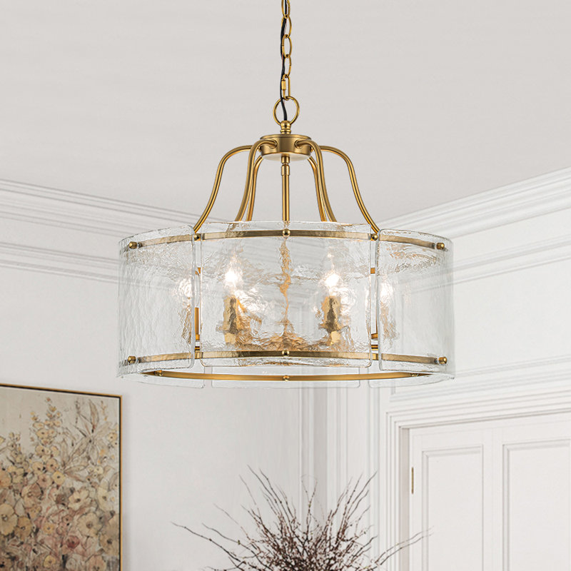 Lustre tambour en verre d'eau 6 lumières, Brushed Brass