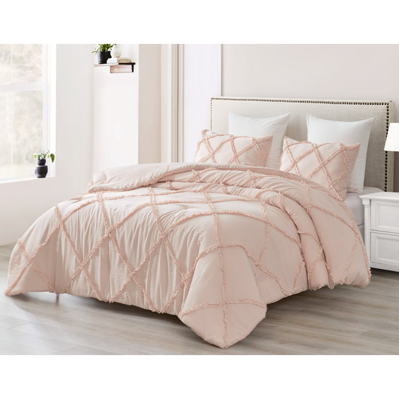Vivian Soft Washed Microfiber Ruffle Comforter Set, King Comforter + 2 KingShams, Blush