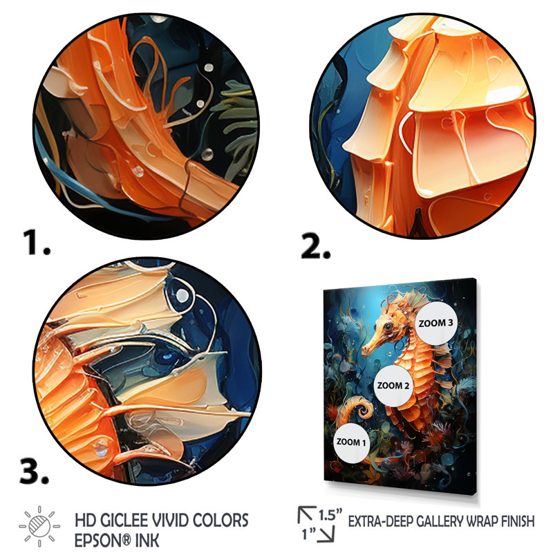 Hippocampe orange et bleu Symphony 2, Cadre photo blanc, H 40 po x l 30 po x P 1,5 po