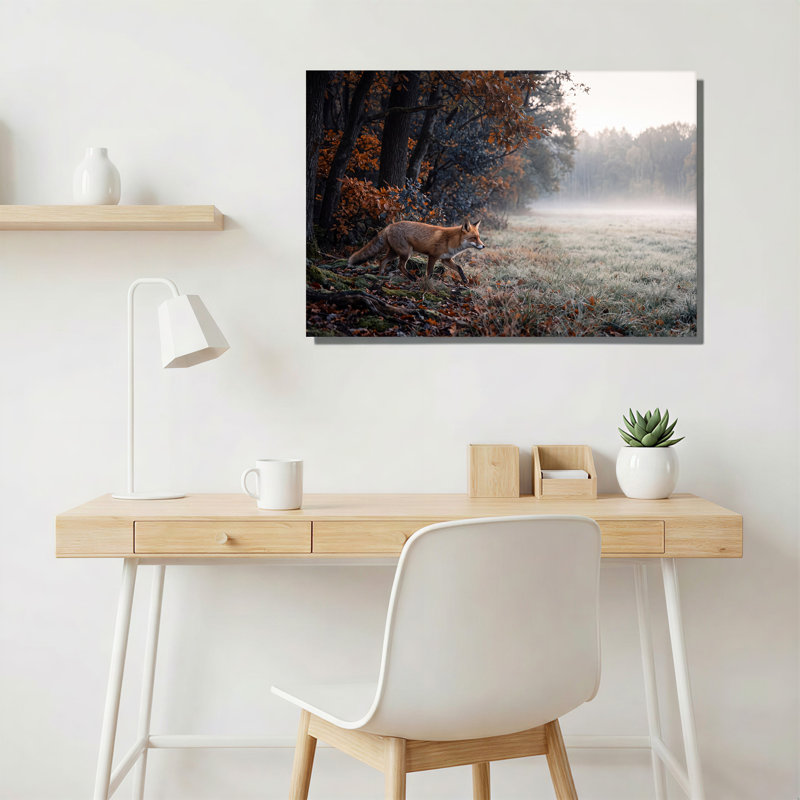 Art mural sur toile, "Red Fox Walking in Misty Autumn Forest", 24"H x 36"W