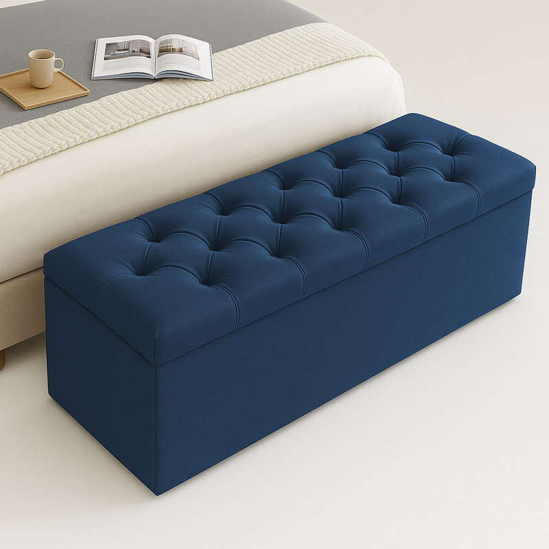Divan Chesterfield Wide Velvet Rectangle Solid Color Standard Ottoman Box with Storage, Sapphire Blue