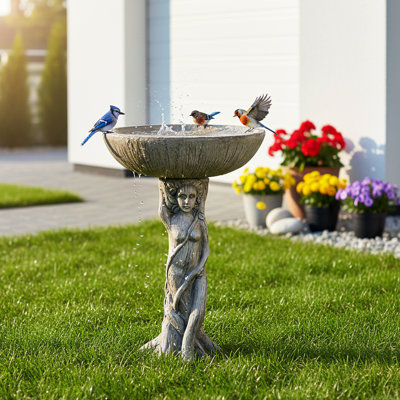 Elegant 25" Bird Bath for Outdoors, Goddess Pedestal Concrete Birdbath, Decorative Garden Water Bowl for Patio Yard Lawn