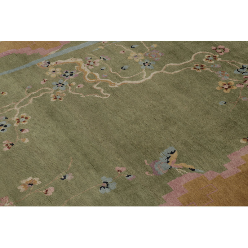 Rug & Kilim’S Chinese Art Deco Rug, Green With Cherry Blossom Florals, Rectangle 13' x 19'