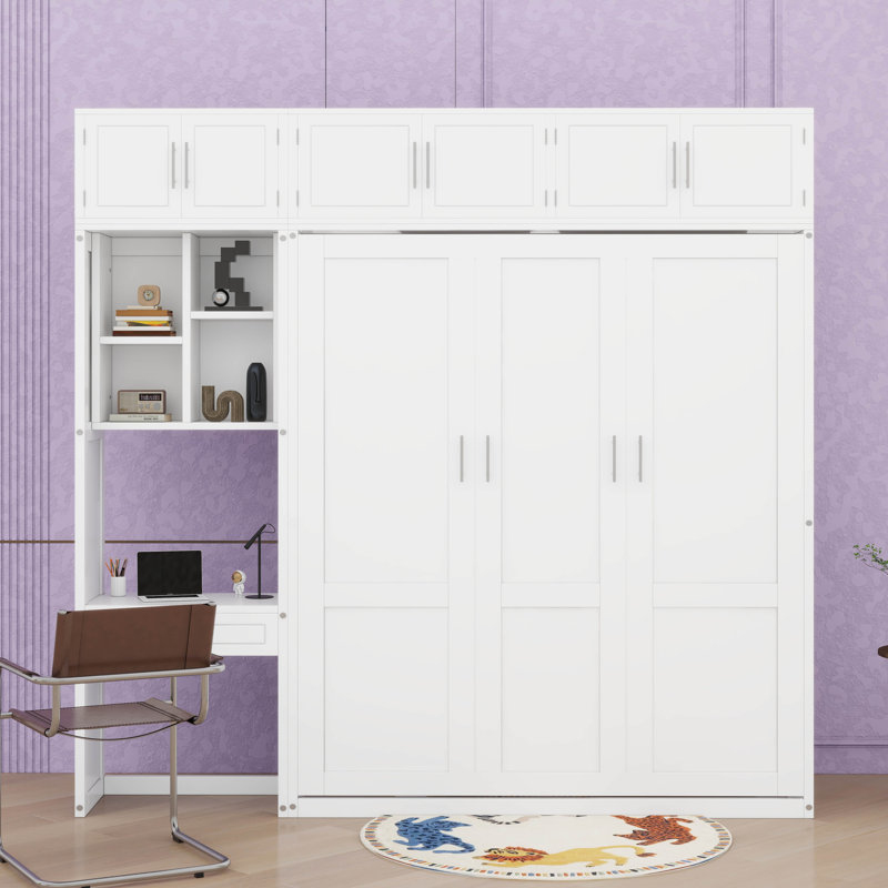 Grand lit escamotable mural avec bureau, armoire supérieure et tête de lit bibliothèque, Blanc