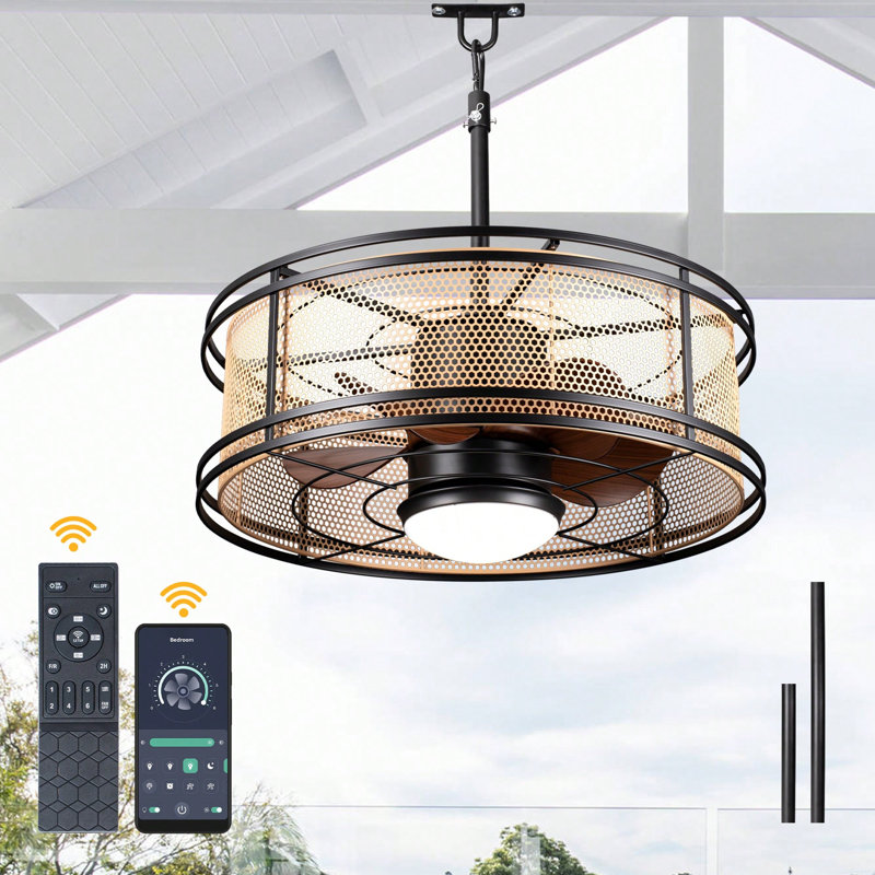 23in. Outdoor Ceiling Fan with Light and APP Control, Farmhouse Waterproof Plug In Smart Caged Ceiling Fan with Hook For Patios
