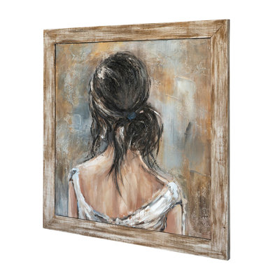 Portrait de femme peint à la main avec cadre en bois de sapin rustique 39,4 x 39,4 x 1,2 po