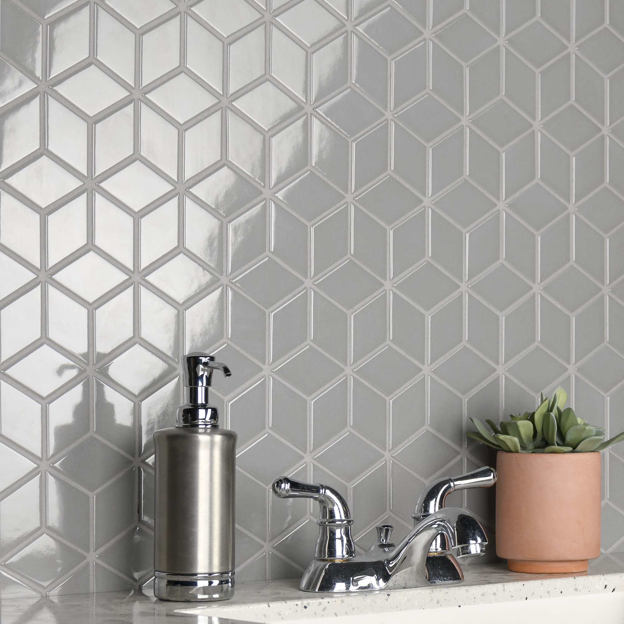 Metro Rhombus 10-1/2 " x 12-1/8 " Porcelain Mosaic Floor & Wall Tile, Glossy Light Gray